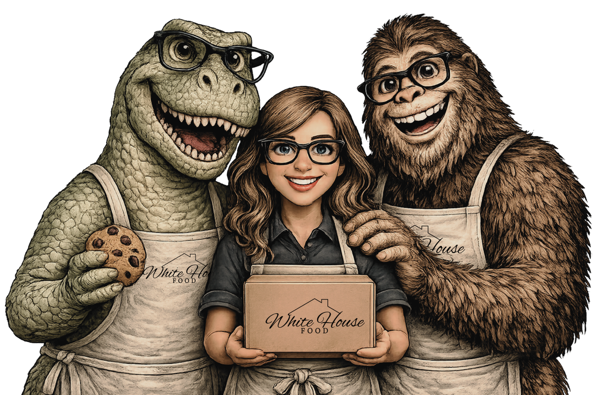 Joni with her bakery buddies Bigfoot and a dinosaur
