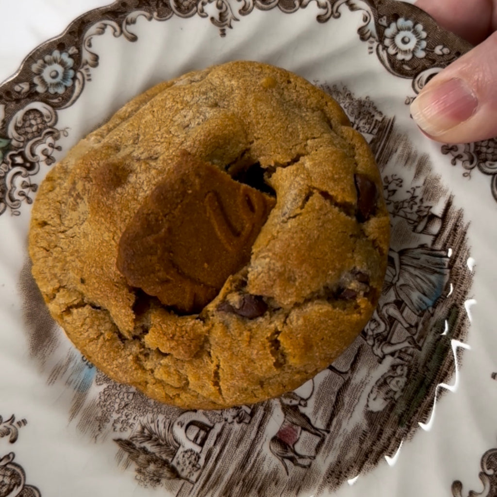 Biscoffasaurus Rex cookie split open with creamy cookie butter filling
