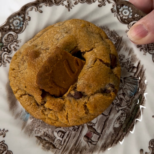 Biscoffasaurus Rex cookie split open with creamy cookie butter filling