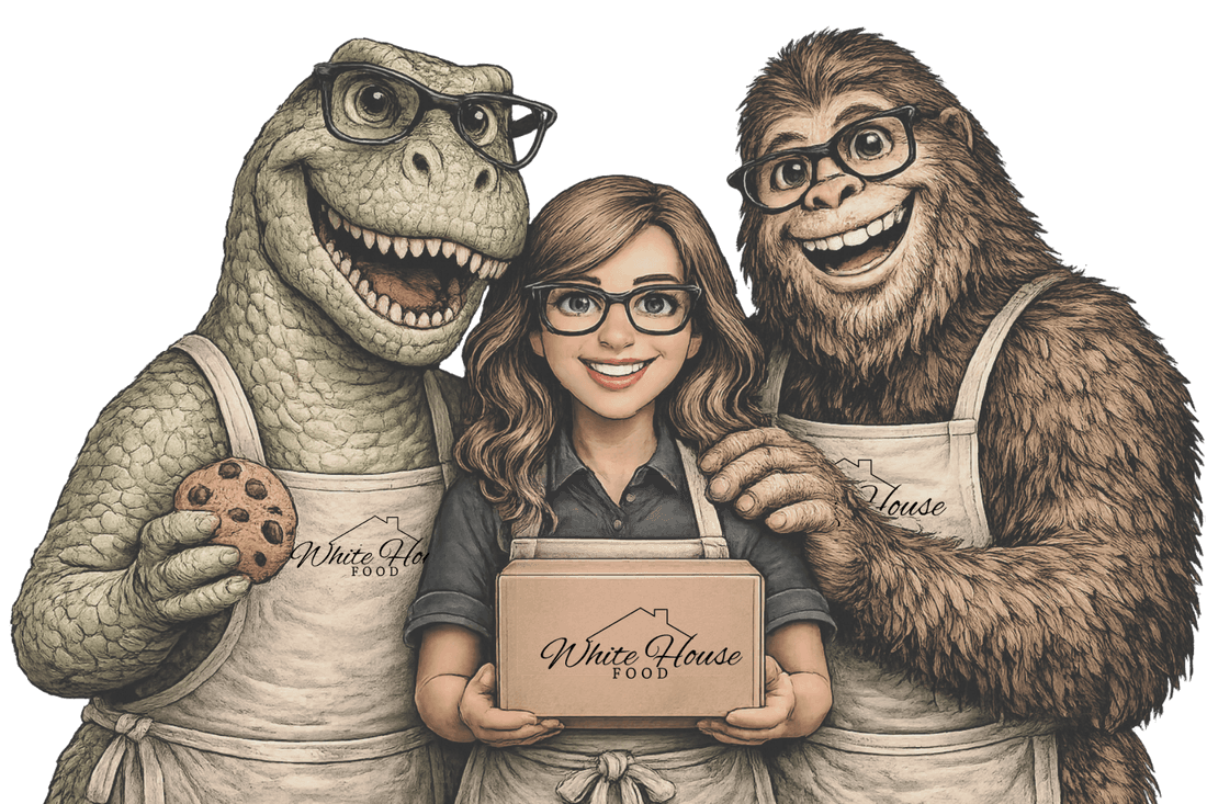 Joni with her bakery buddies Bigfoot and a dinosaur